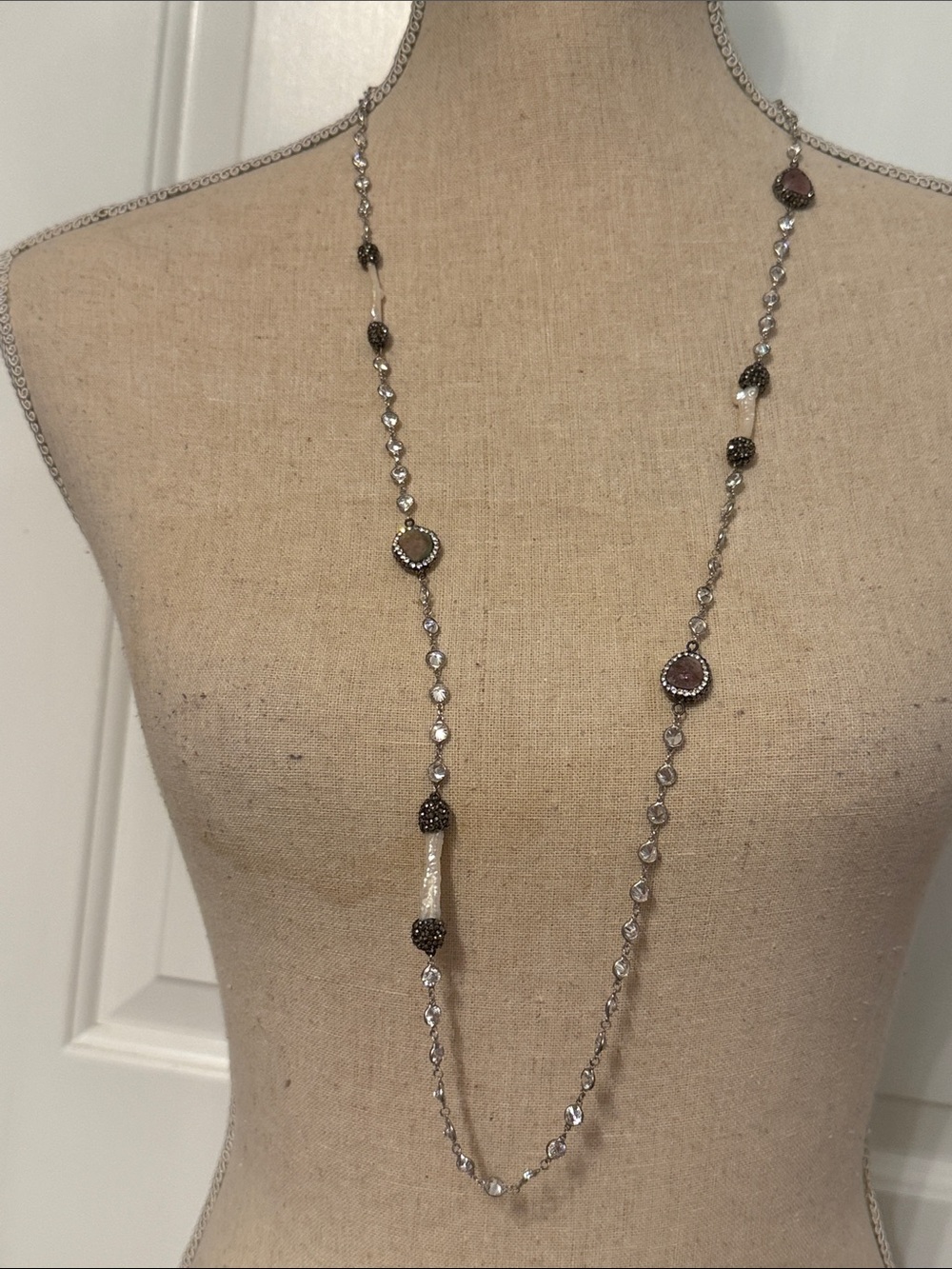 NECKLACE STERLING SILVER CHAIN BEZEL SET CRYSTALS WHITE BAROQUE PEARLS PAVE 37”